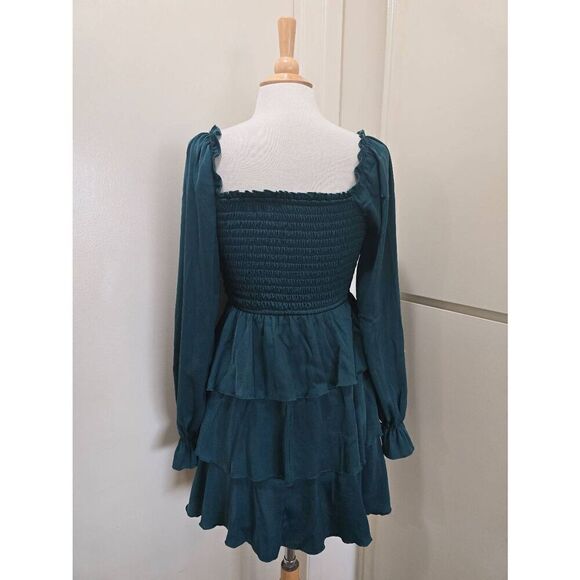 Charmed Hearts Dark Forest Green 3 Tiered Ruffle Mini Dress, Long Sleeves, Smock - Picture 8 of 11